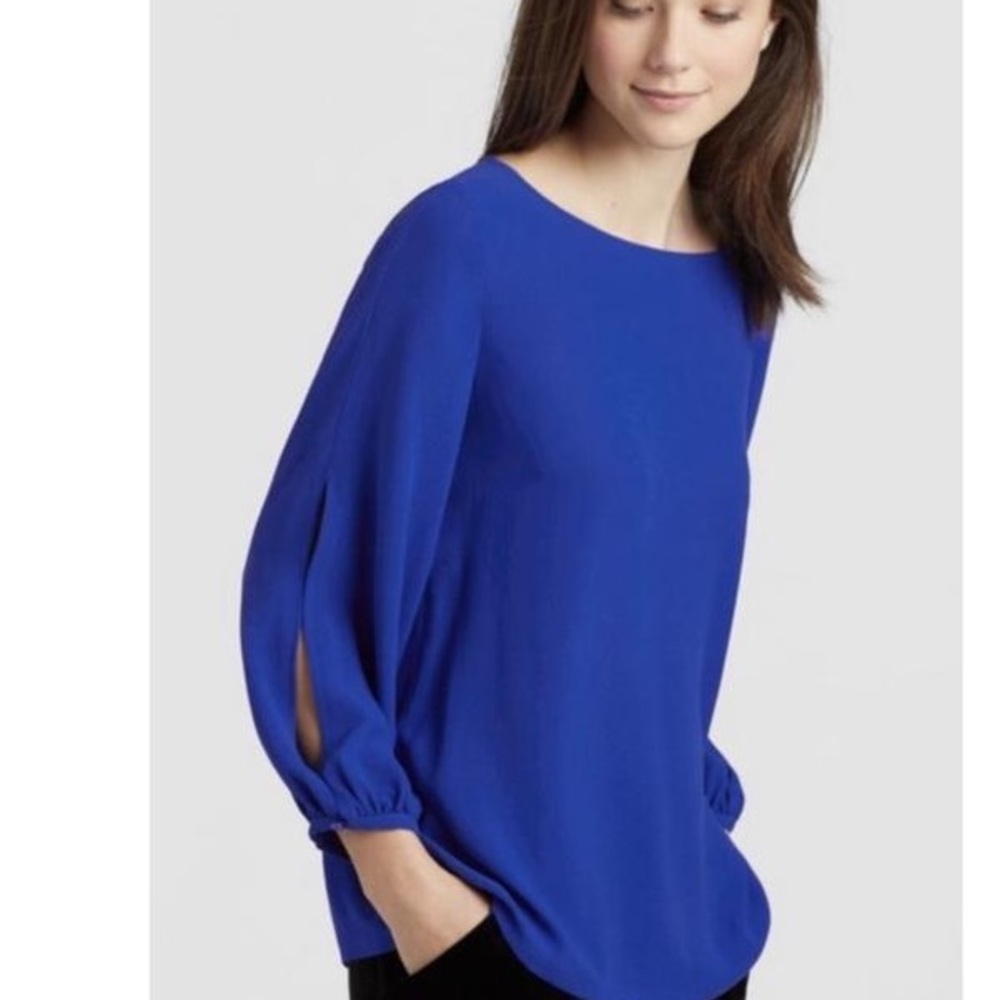 Eileen Fisher Royal Blue Bateau Neck Slit Sleeve Silk Blouse Top XS/TP